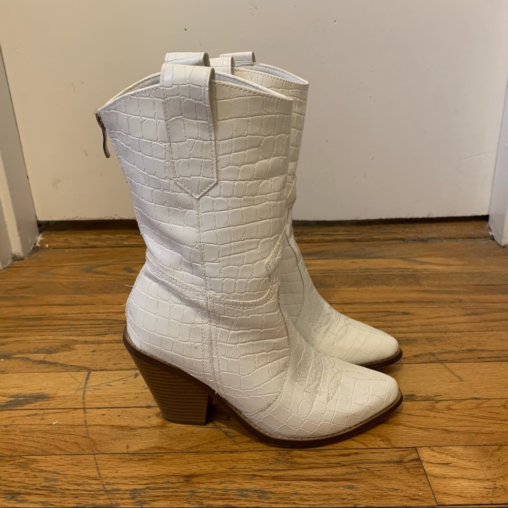White Croc Heeled Cowboy Boots